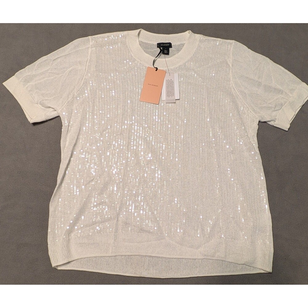 NWT Halogen Sequin Short Sleeve Top Blouse Women's L New Ivory Nordstrom Knit